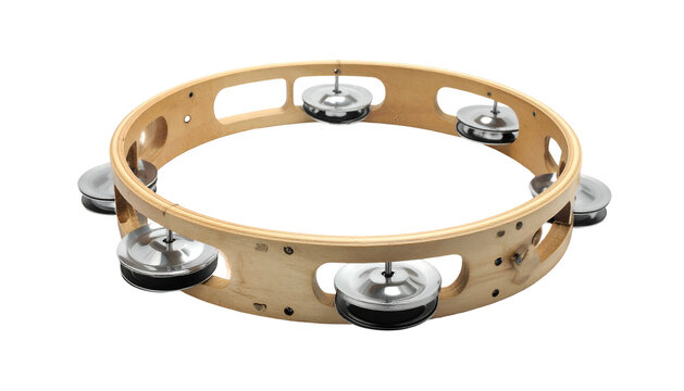 Wooden tambourine with jingles against a black background - Powered by Adobe