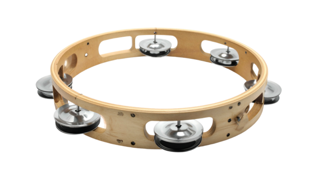 Wooden tambourine with jingles against a black background
