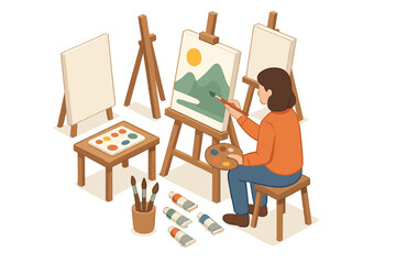 Fototapeta premium Young asian female artist painting in studio with easel and canvas