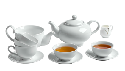 White tea set featuring teapot, cups, and creamer on black
