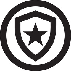 Round shield badge with central star, security and protection concept, vector EPS icon design.