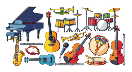 Vibrant collection of diverse musical instruments, including piano, guitar, drums, and saxophone, for music-related designs and creative projects © Avra