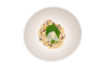 Top-down transparent PNG of creamy mushroom fettuccine in a white oval bowl, perfect for menus and culinary design projects.