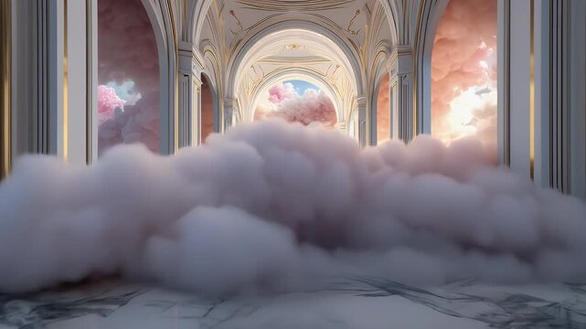 Dreamlike palace hallway surrounded by pastel clouds