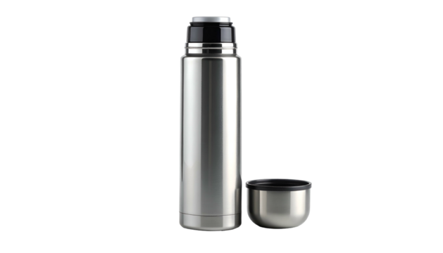 Steel vacuum flask and lid-cup on black background, portrait