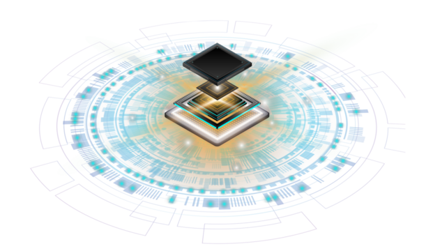 CPU Chip on Motherboard.3D closeup of cpu. Central Computer Processors CPU concept. Quantum computer, large data processing, database concept. Futuristic microchip processor. Digital chip.