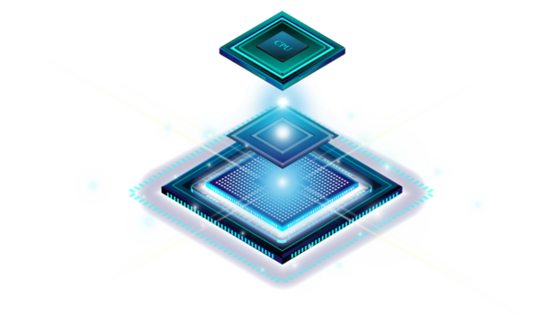 CPU Chip on Motherboard.3D closeup of cpu. Central Computer Processors CPU concept. Quantum computer, large data processing, database concept. Futuristic microchip processor. Digital chip.