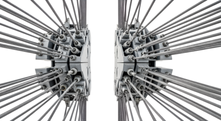 Steel cables and joints connected in industrial assembly layout  