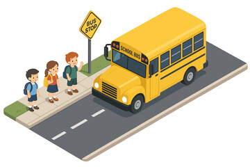 Children waiting for school bus at bus stop on suburban street