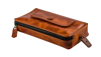 Brown leather pouch with zip closure and buttoned flap detail