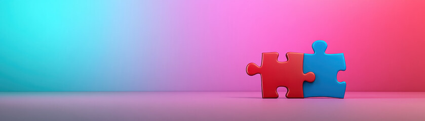 Fototapeta premium Two colorful puzzle pieces fitting together on smooth surface with vibrant gradient background creating creative and playful atmosphere