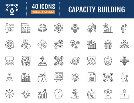 Capacity building line icon set. Includes goal,
training, skill, knowledge, growth, develop, learn
and more. Vector Illustration with Editable
Strokes