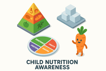 Child nutrition awareness: healthy eating with food pyramid and carrot character