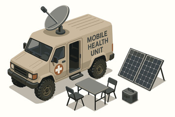 Mobile health unit with satellite, table, chairs, and solar panels