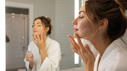 Young woman in white robe applying facial serum to her cheek while looking in bathroom mirror, engaged in her morning skincare and beauty routine - Powered by Adobe