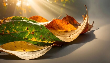 秋の光に照らされた緑と黄の葉／Green and yellow autumn leaves illuminated by sunlight generative ai