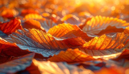 夕陽に照らされた落ち葉の絨毯／Carpet of autumn leaves illuminated by sunset light generative ai
