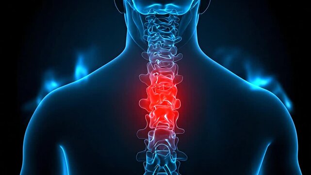 Medical illustration of human spinal column with highlighted pain