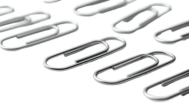 Scattered metal paperclips against stark black background