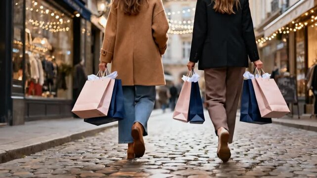 Caucasian women with shopping bags walking on street