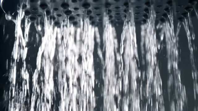 Closeup of a refreshing shower head spraying clean water streams in a modern bathroom creating a soothing and invigorating experience for hygiene and relaxation.