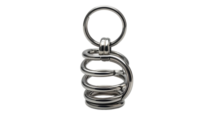 Coiled, shiny metal spring with a loop above, isolated view