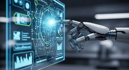 Robot hand interacting with digital interface displaying data and graphs