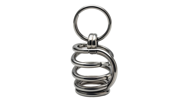 Coiled, shiny metal spring with a loop above, isolated view