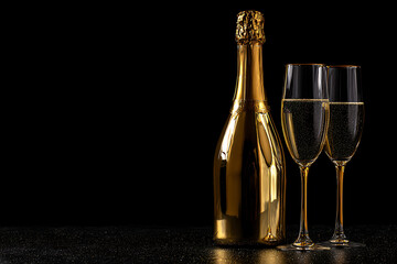 Celebrate in ultimate luxury with a gleaming gold champagne bottle and two effervescent flutes, perfect for festive occasions and exclusive events.