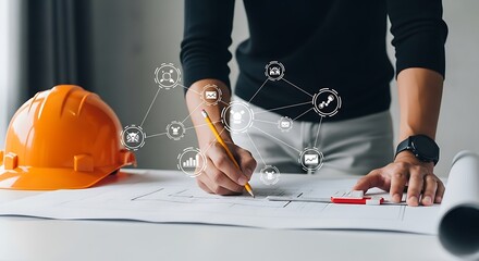 Architect reviewing blueprints with digital icons overlay, wearing a watch.