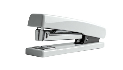 Sleek white stapler, angled view, with detailed metallic parts