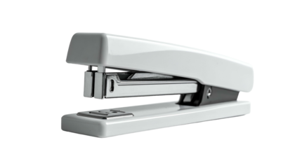 Sleek white stapler, angled view, with detailed metallic parts