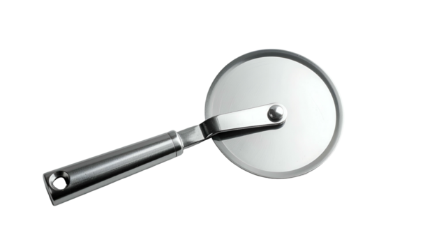 Metal pizza cutter with ergonomic handle on a black background