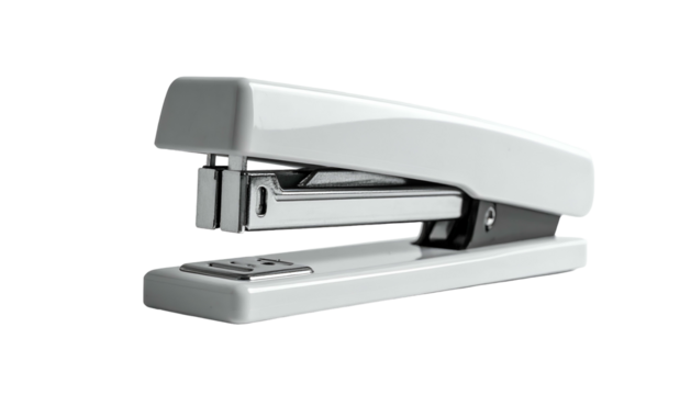 Sleek white stapler, angled view, with detailed metallic parts