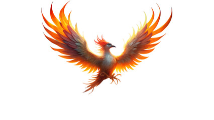 Obraz premium Majestic fiery phoenix bird with outstretched wings in flight against a dark black background