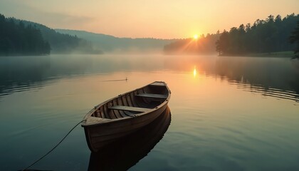 Obraz premium Empty wooden rowboat floats on calm lake surface at sunrise. Gentle mist rises from water in forested hills. Sun rays break through sky, reflecting on water.