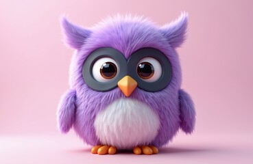 Obraz premium Cute fluffy purple owl character mascot, big eyes, white belly. Adorable cartoon bird rendered in 3D for games or kids content. Playful and funny.