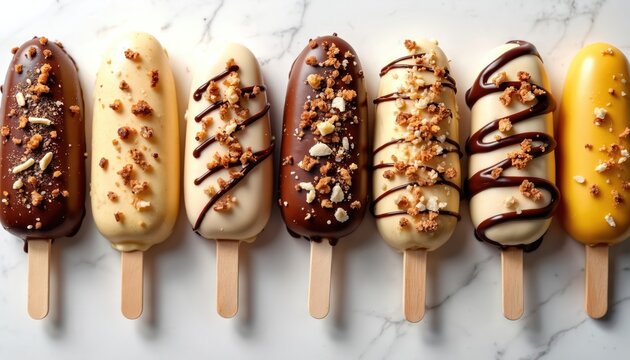Variety of frozen chocolate covered banana popsicles with different toppings arranged in a line on a marble surface. These sweet treats look delicious and refreshing for summer.