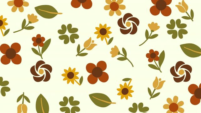 Seamless retro-inspired floral pattern featuring simple shapes of flowers, tulips, sunflowers, and leaves in earthy orange, brown, and yellow tones on a light cream background