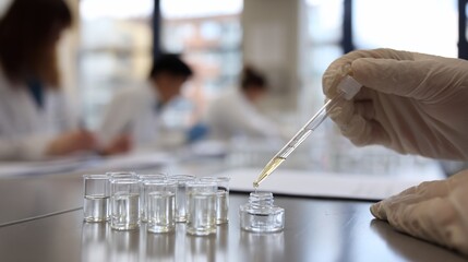 Scientist uses pipette, lab setting, teamwork