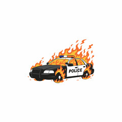 Cartoon Burning Police Car Vector Illustration