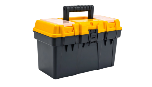 Toolbox black body, yellow lid, black handle on seamless backdrop
