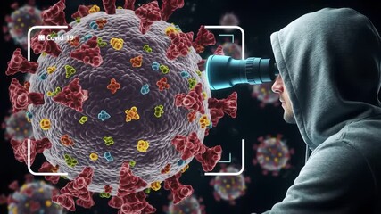 A scientist in a hooded sweatshirt observes a magnified 3D rendering of a coronavirus particle through a specialized microscope symbolizing research and the global pandemic. - Powered by Adobe