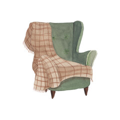 A comfortable vintage green armchair with a warm beige plaid blanket for a cozy hygge home interior concept