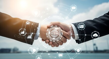 Businessmen shaking hands with digital overlay symbolizing global partnership and technology integration.