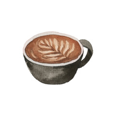 Artistic watercolor painting of a cappuccino in a dark ceramic mug, featuring delicate leaf latte art. Hand-drawn beverage illustration isolated on white
