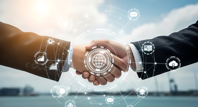 Businessmen shaking hands with digital overlay symbolizing global partnership and technology integration.