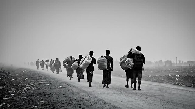 People walking on road carrying sacks monochrome