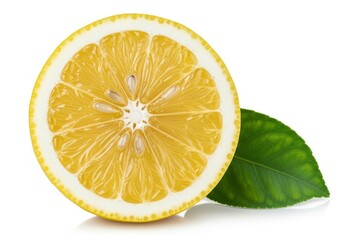Fresh yellow lemon half and green leaf on white, displaying juicy citrus segments