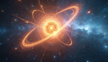 Obraz premium Abstract illustration reveals a dynamic atom structure in cosmos. Energy radiates with particles and light. Concept of science physics and powerful force.
